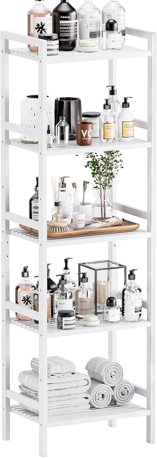 HITNET 5 Tier Bamboo Shelf, Tall Narrow Bookcase, Freestanding Bathroom Storage Unit with Adjustable Shelves, Modern Display Standing Bookshelf for Living Room, Bedroom, Home Office, White