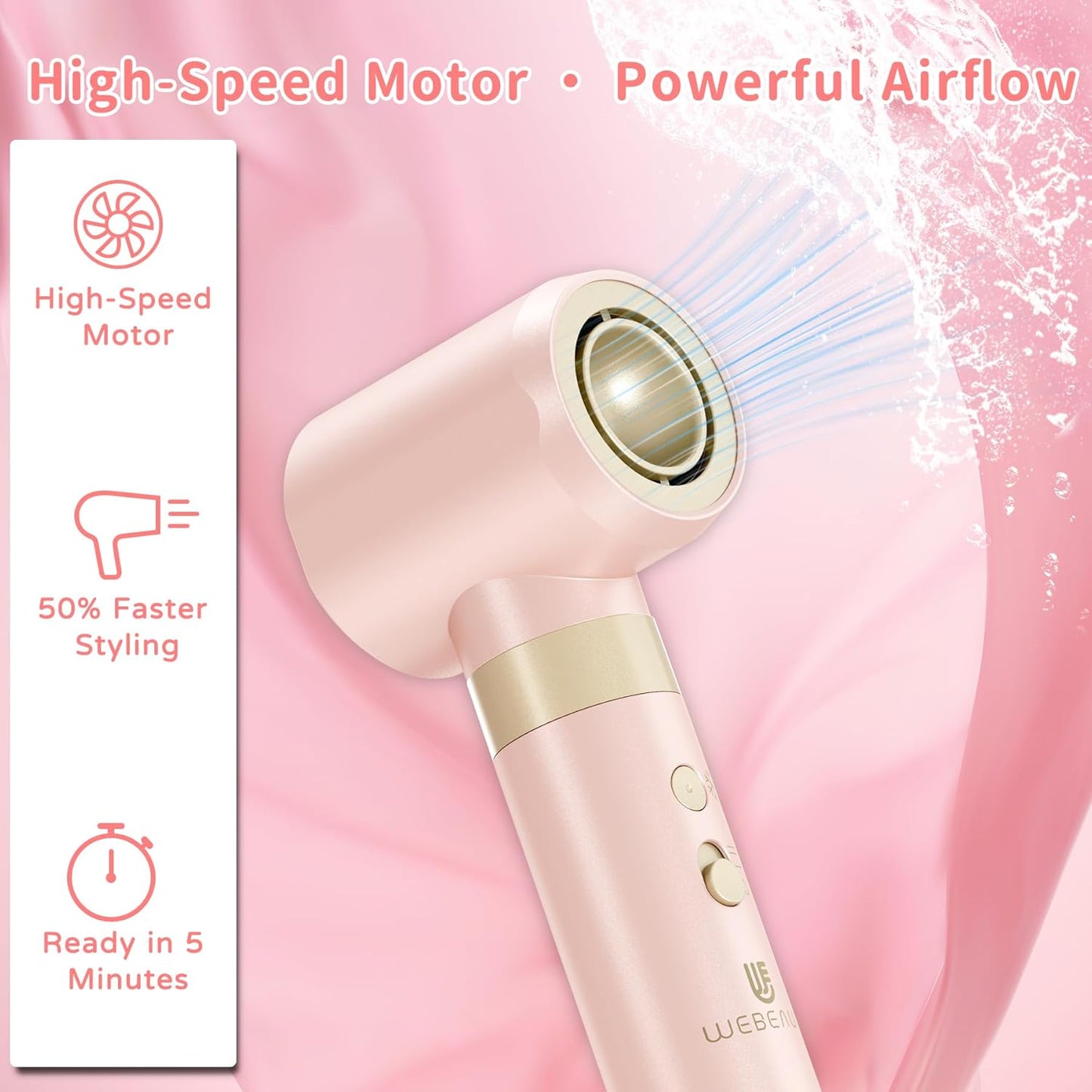 Hair Dryer Brush 8-in-1 Dual Voltage Hot Air Styler – Fast-Drying 110,000 RPM Ionic Blow Dryer with Straightener & Curler Attachments, Frizz-Free Volumizing Styler with Protective Hard Case-Pink