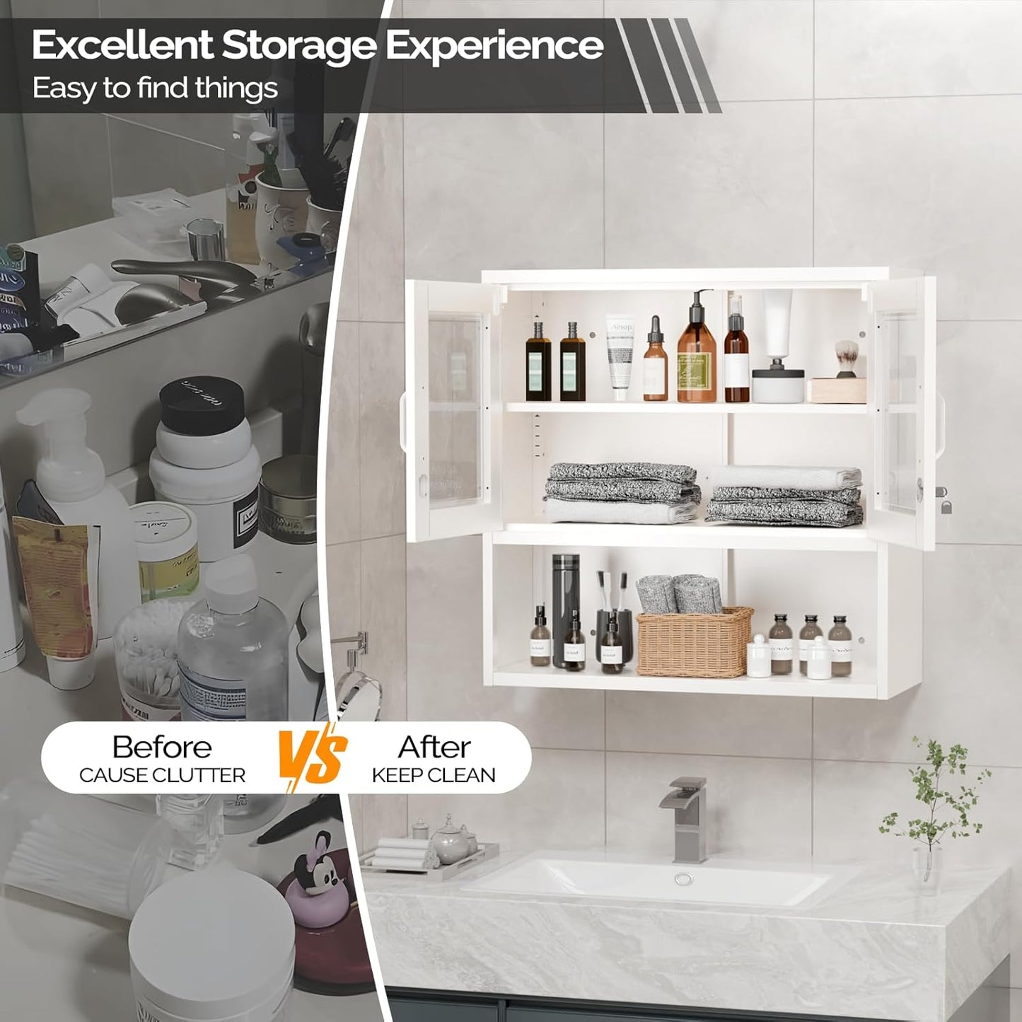 VINGLI Metal Wall Cabinet with Locking Glass Doors, Adjustable Shelf, Wall Mounted Storage Display Cabinets for Garage, Kitchen, Home Office, Warehouse, Living Room, White