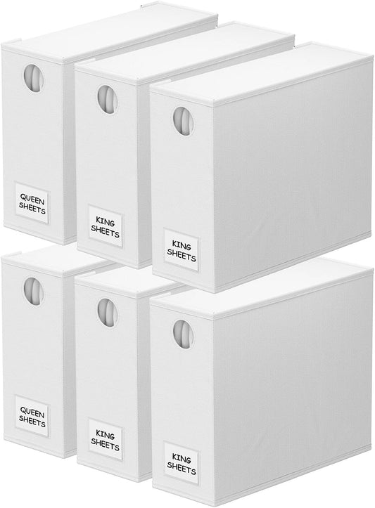 SpaceAid 6 Pack Bed Sheet Organizers and Storage, Foldable Sheet Organizer for Linen Closet, Sheets Set Folder Keeper with Window XL (Queen & King Size) Bedding Container, (White, 6 Pack)