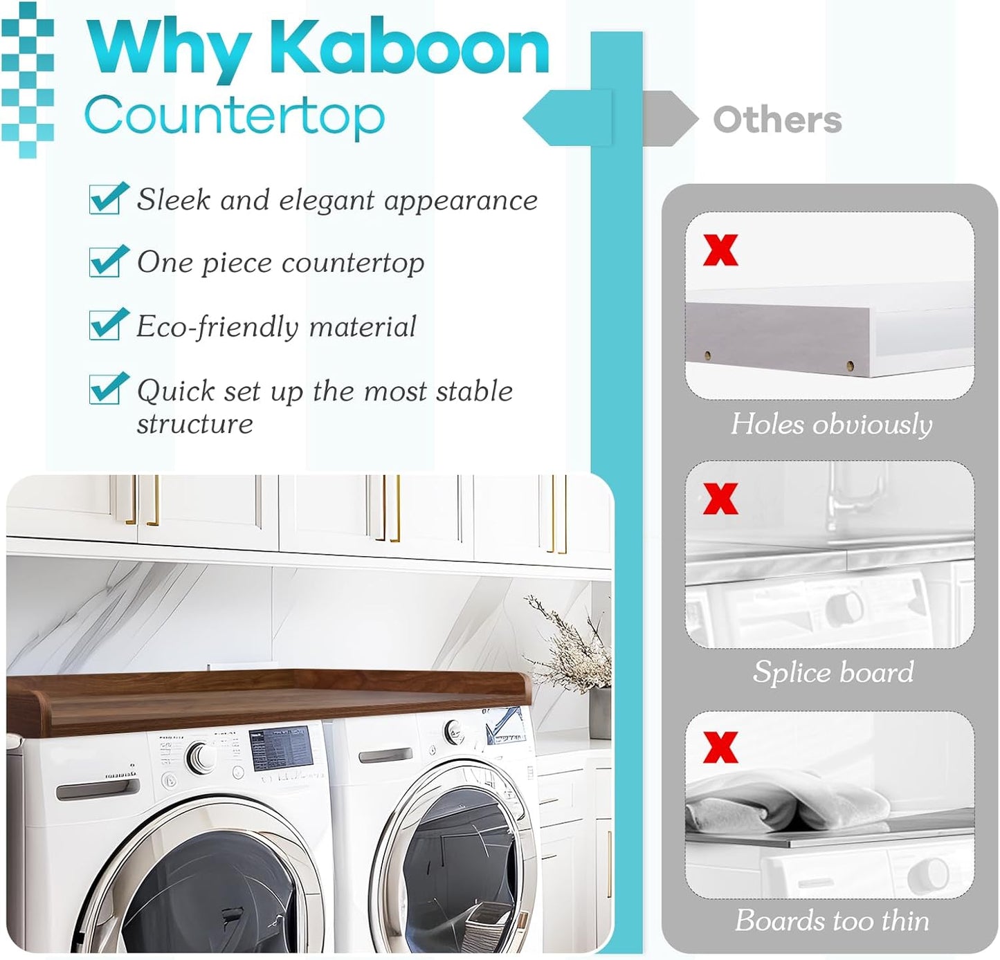 Kaboon Washer Dryer Countertop 58" x 28" Extra Large Version, Melamine Countertop with 3.5" Edge Rails, Laundry Room Organization, Dark Walnut