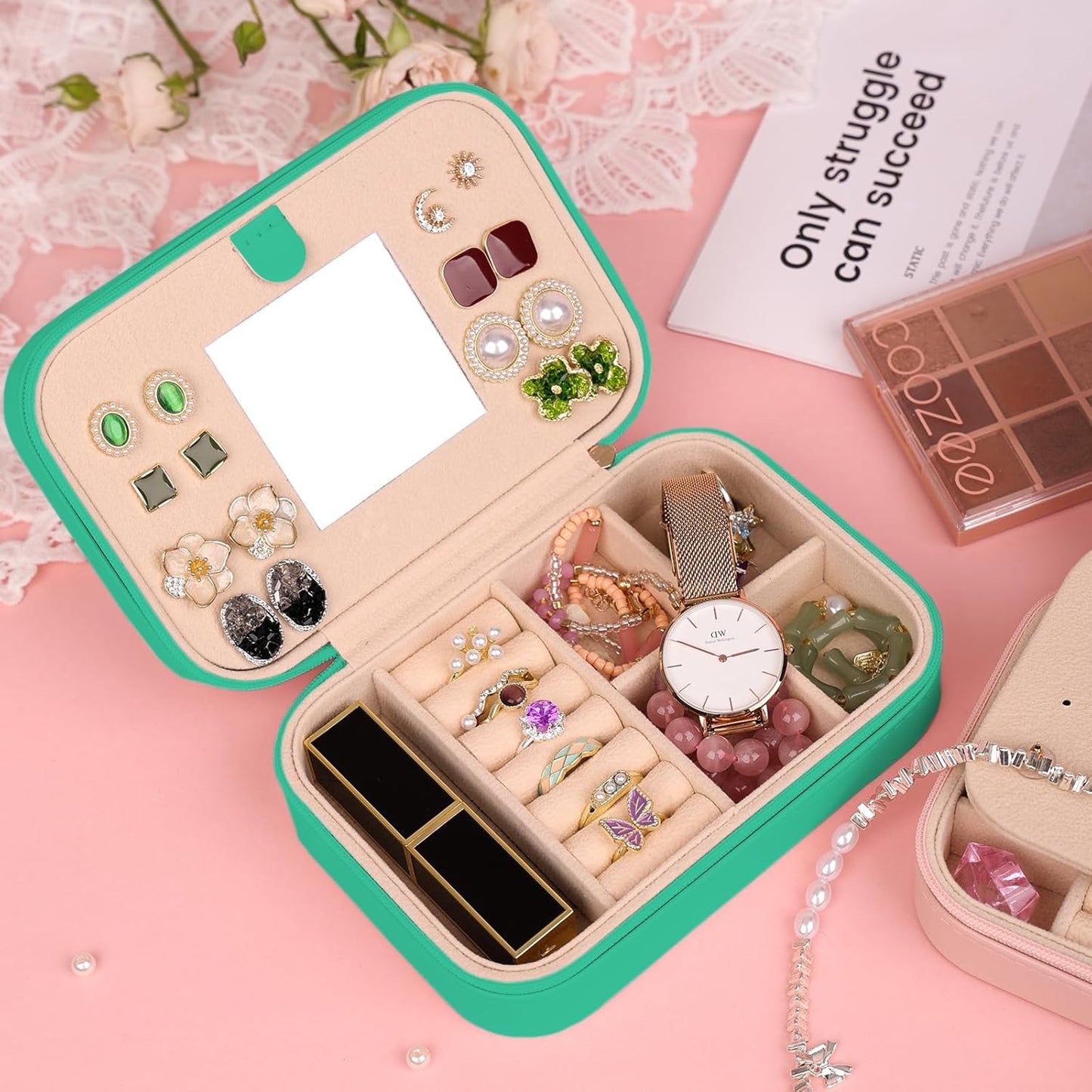 TopPerfekt Travel Jewelry Case, Jewelry Box with Mirror, Jewelry Organizer Bridal Shower Gifts to Her, Earring Storage Travel Case, Trendy Gift for Women and Girls, Girlfriend-Letter Q, Green