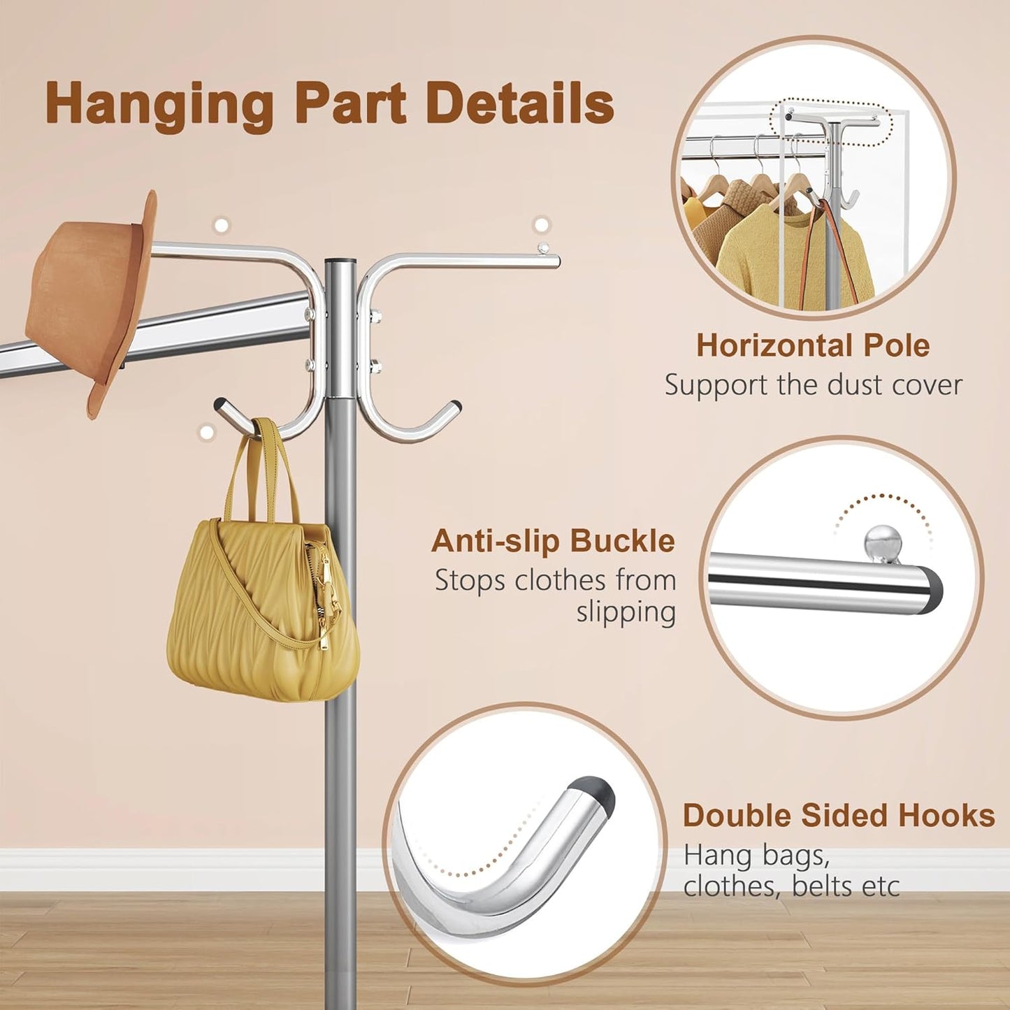 Hoctieon Z Clothes Rack with Cover, Metal Heavy Duty Clothing Rack, Rolling Garment Rack with Wheels, with Dustproof Cover Waterproof Protector, with 2 Durable Zippers, for Hanging Clothes, Grey