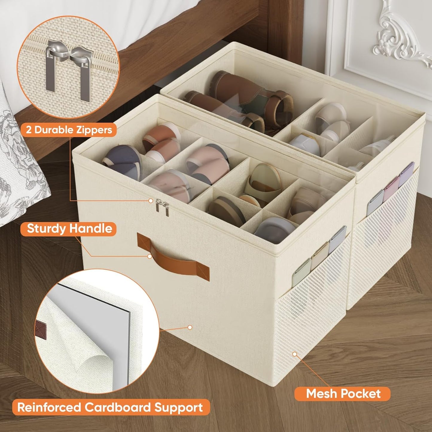 Shoe Organizer for Closet, 2 Pack Foldable Shoe Storage Organizer with Adjustable Dividers, Shoe Storage Box with Clear Cover, Fits up to 16 Pairs, Beige