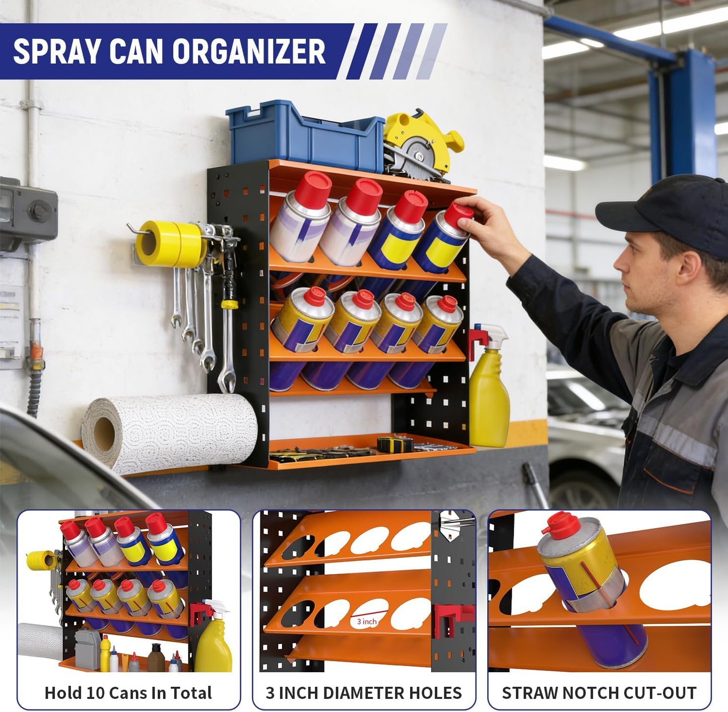 Wall Mount Spray Can Holder, Aerosol Spray Bottle Holder Storage Rack, Heavy-Duty Paint Bottle Organizer with 8 Can Holes & 4 Steel Hooks, 4 Plastic Hooks for Garage, Shop, Home or Tool Trailer