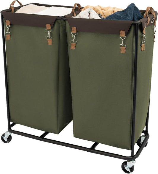 StorageWorks 390L Extra Large Lanudry Hamper with Wheels, 2 Sections Laundry Basket with Wheels, Clothes Sorter Cart with Divider for Hotel, Home, Green, 37.75"L x 17"W x 37.5"H