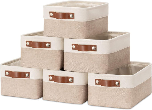 HNZIGE Small Fabric Baskets for Organizing(6 pack) Collapsible Storage Baskets for Shelves, Closets, Laundry, Nursery, Decorative Baskets for Gifts Empty (White&Beige, 11.8" x 7.8" x 5.1")