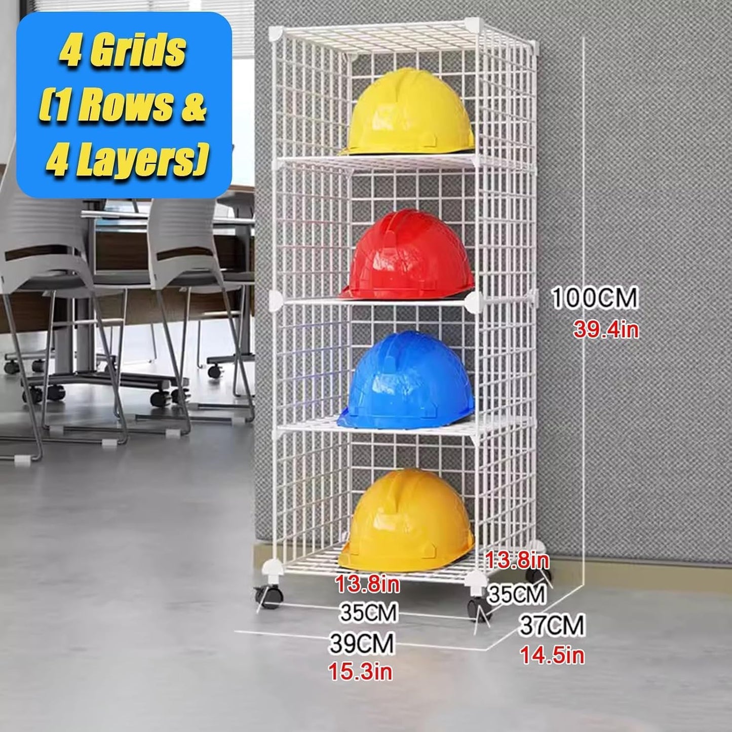 Stackable Safety Helmet Storage Boxes, Large Adjustable Hard Hat Placement Organizer Rack,with Wheels,for Construction Site/Garage/Workshop/Factory Helmet Display Shelf (White, 4 Grids-1 * 4)