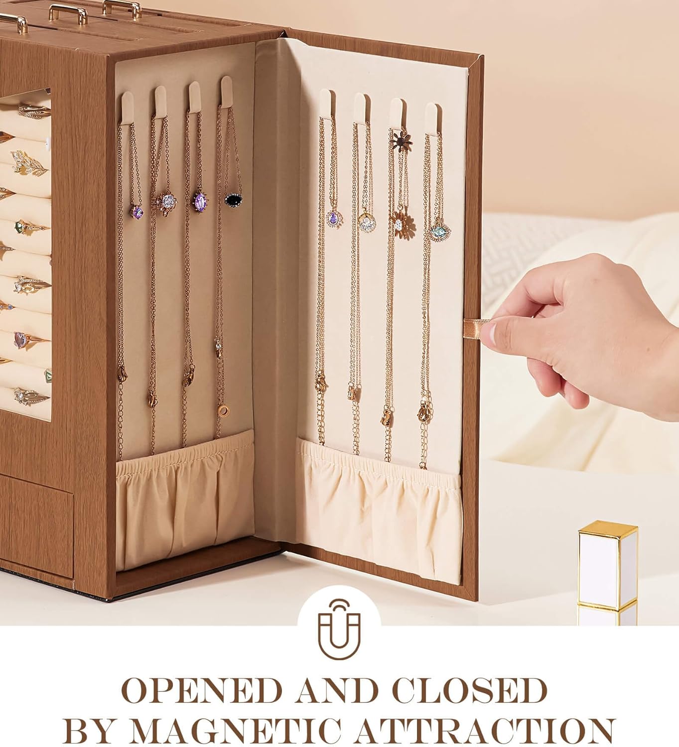 Homde Jewelry Organizer with Transparent Window Necklace Hooks Gift for Women Jewelry Box Display Case for Necklaces Rings Earrings Bracelets and Other Accessories (Brown)