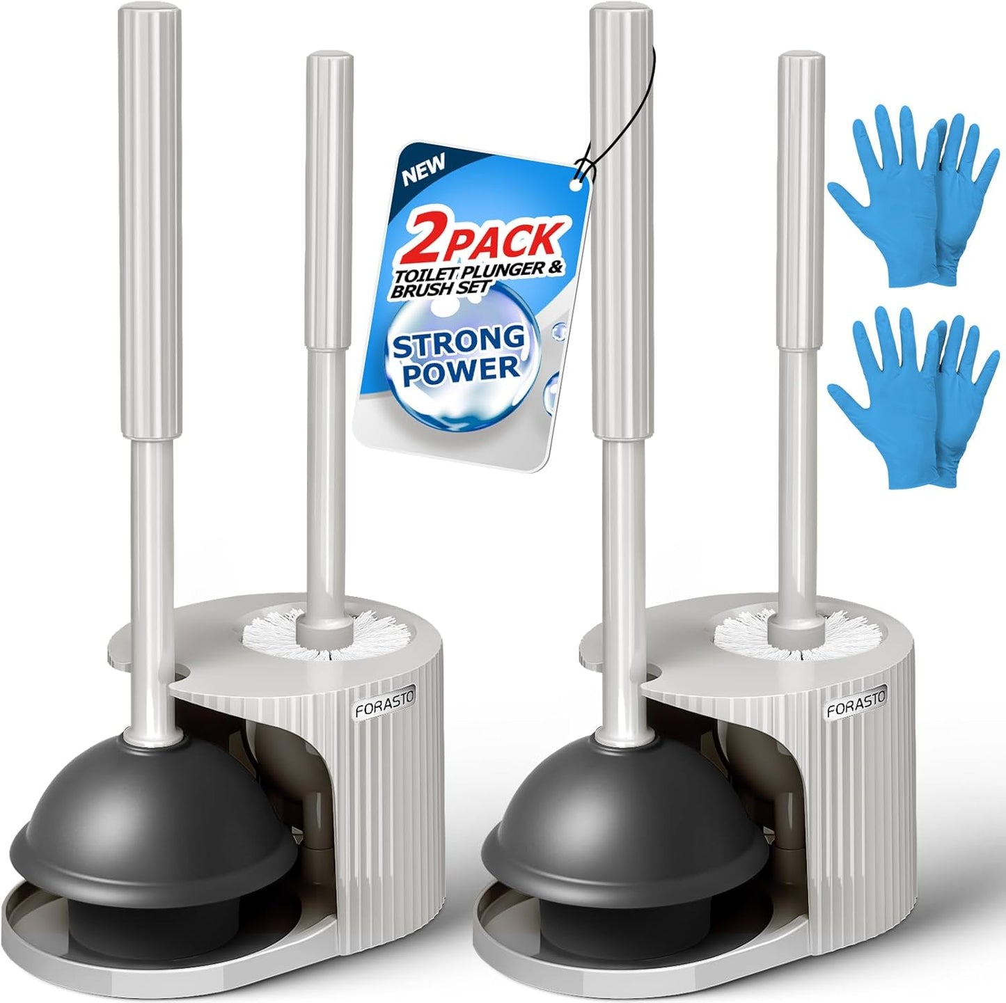 2Pack 2 in 1 Toilet Brush and Plunger Set, Extended Handle Plunger，Toilet Bowl Brush Plunger Set,Bathroom Cleaning Tools ，Toilet Brush Plunger Combo，Cleaning Supplies（Cream Grey）