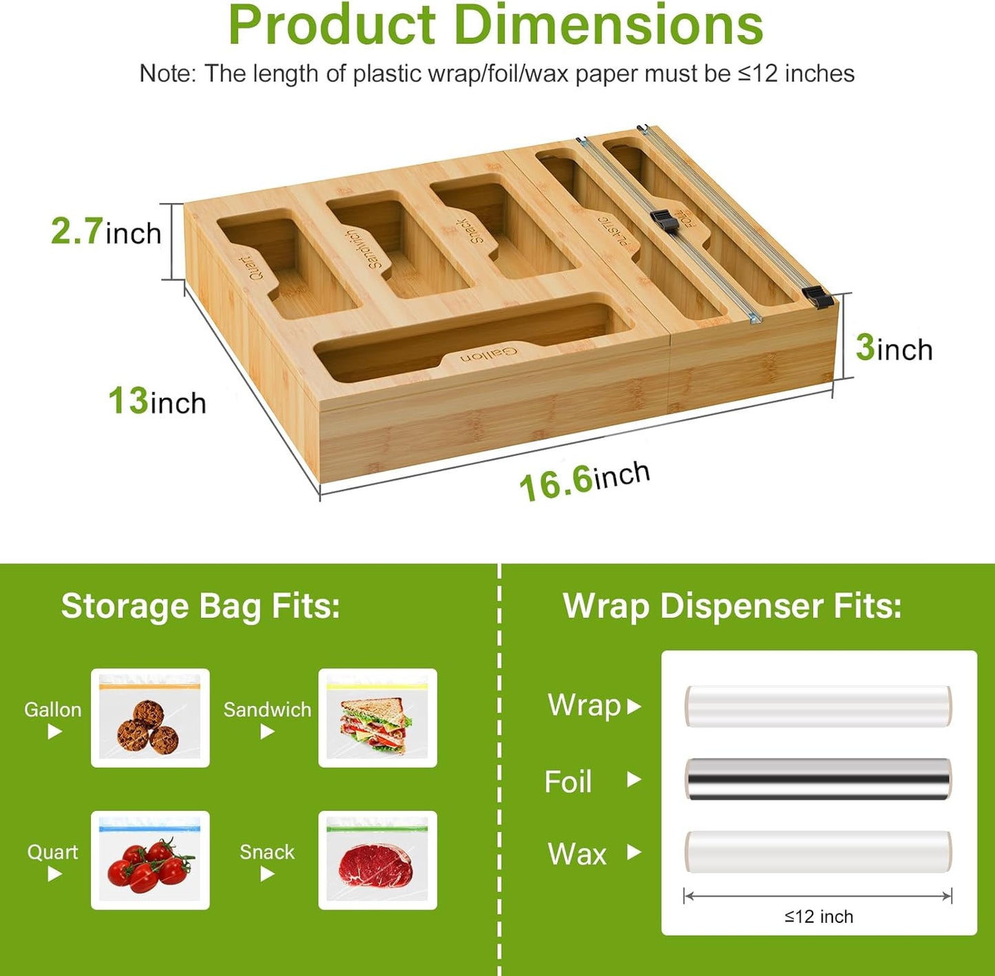 Bamboo Bag Storage Organizer - 2 Wrap Dispenser with Cutter & 4 Slots Food Storage Bags Container - Kitchen Drawer Plastic Bags Storage Organization for Gallon Quart Sandwich Snack Bags