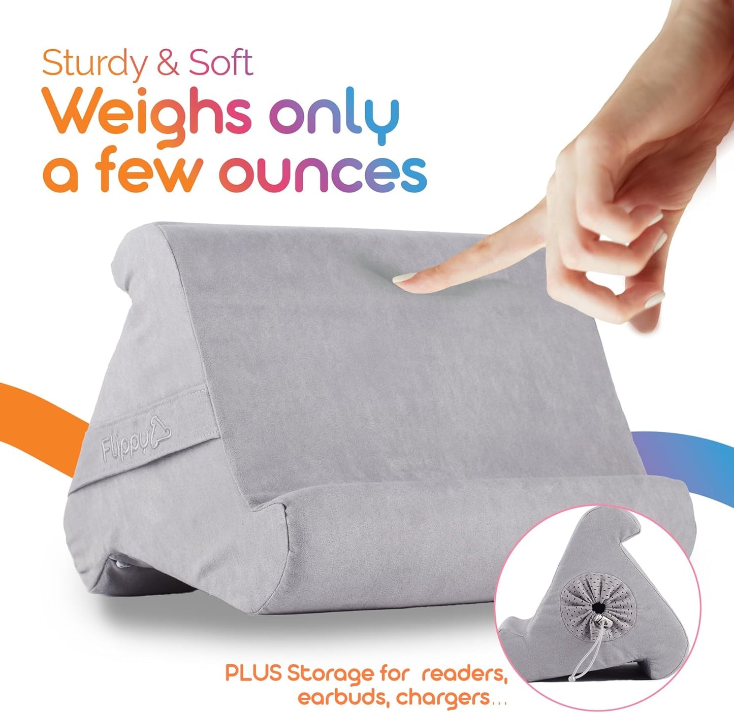 Flippy Original Tablet Pillow Stand & iPad Holder, Gift for Book Lovers & Readers, Multi-Angle Stand with Storage for Lap, Desk & Bed, Compatible with Kindle, Fire, iPad & Samsung, Greyster
