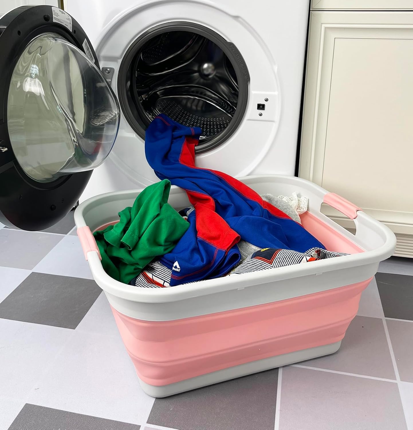SAMMART 41L (10.8 gallon) Collapsible Plastic Laundry Basket - Foldable Pop Up Storage Container/Organizer - Portable Washing Tub - Space Saving (Grey/Quartz Pink, Rectangular)