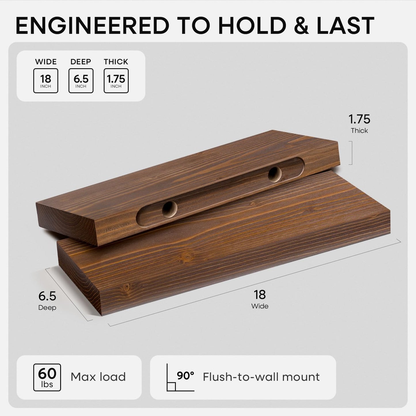 Homeforia Classic Walnut 18 inch Floating Shelf, High End Solid Real Wood Small 18inch Floating Shelves for Wall Mounted, 18in Floating Shelves, Heavy Duty Bracket, 18 X 6.5 X 1.75 inches, Set of 3