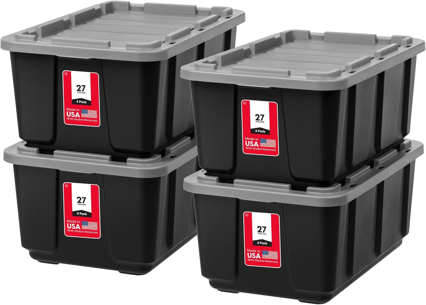 IRIS USA 27 Gallon Heavy Duty Truck Bed Toolbox Storage Tote Bins with Lids, 4 Pack - Made in USA, Tough Snap On Lockable Lid Stackable Industrial Tubs, Garage Organization Reusable Box - Gray