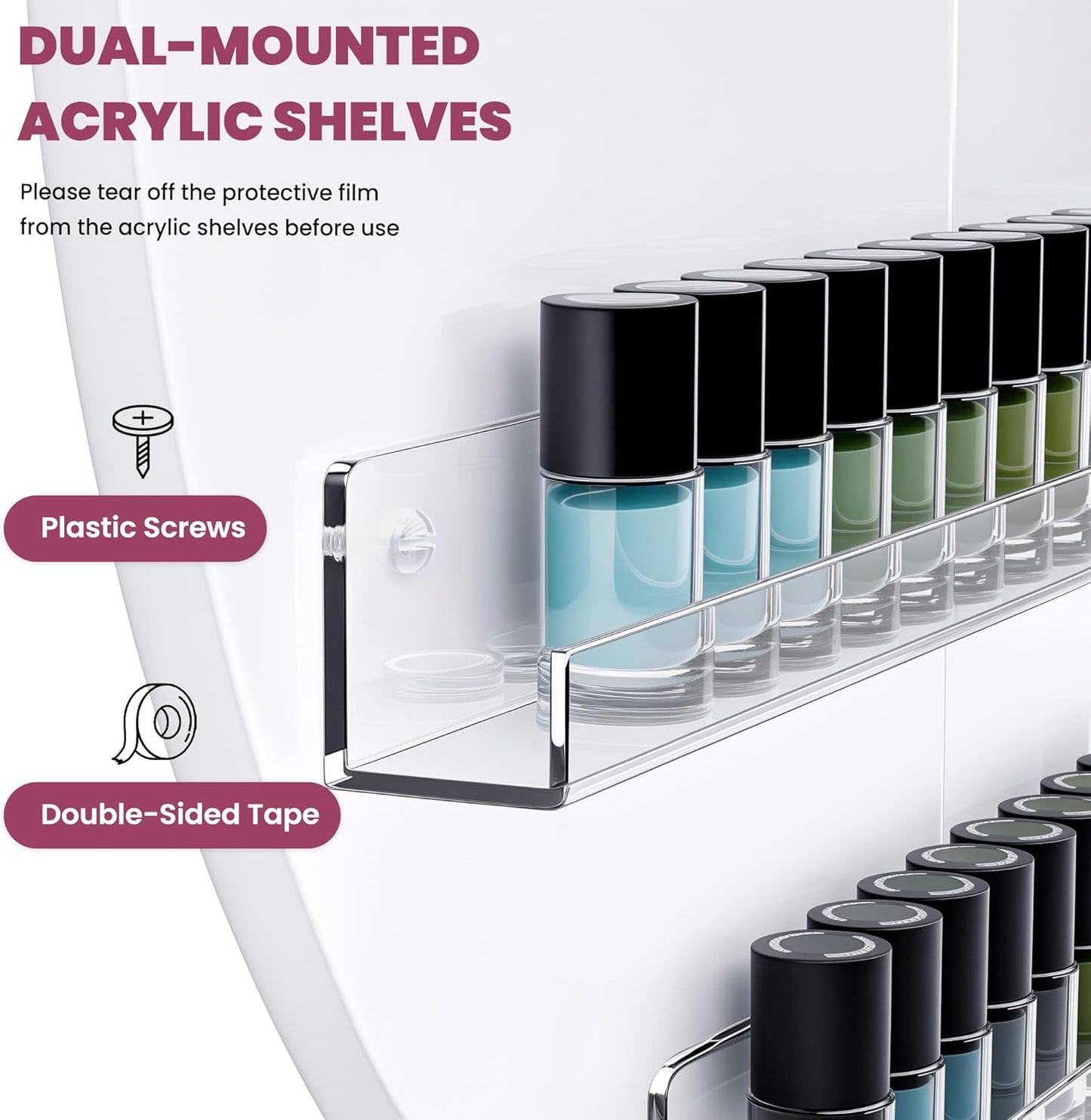 Wall Mount Nail Polish Organizer, 2 Packs Wood Nail Polish Rack w/Acrylic Barrier, 5-Tier Round Storage & Display Shelf, Perfume Essential Oil Bottles Holder, White