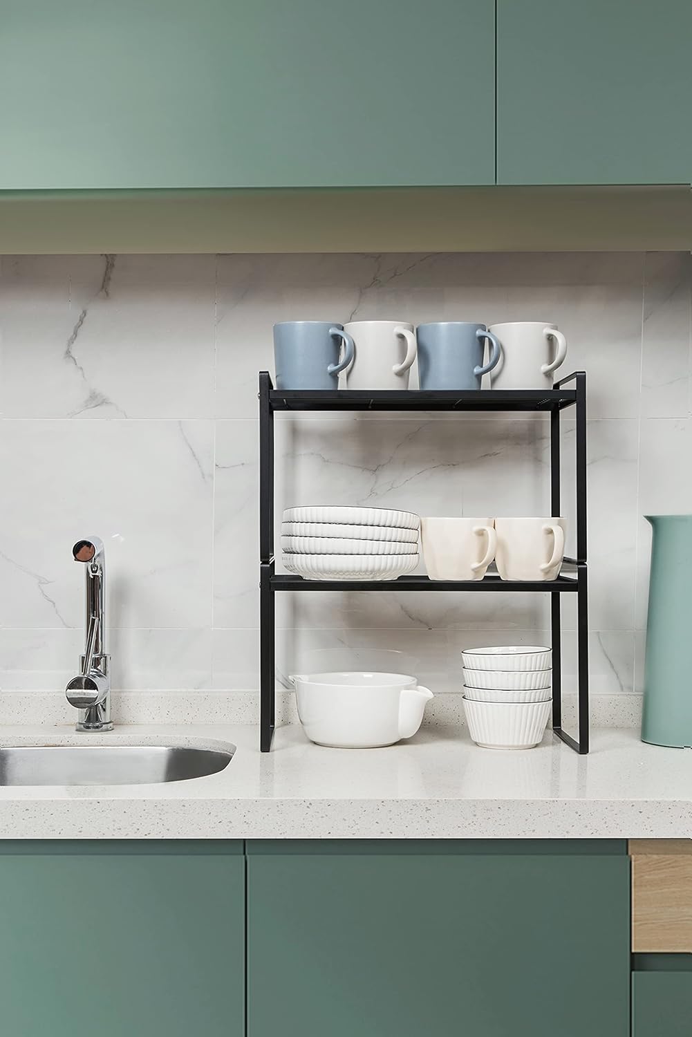 2Pack Kitchen Cabinet Shelf Counter Organizer Rack Pantry Storage Bathroom Bedroom Office Table Desk Space Saving Stackable Rust Resistant Non Slip Black Tall Wide L16.1in W10.6in H9.5in