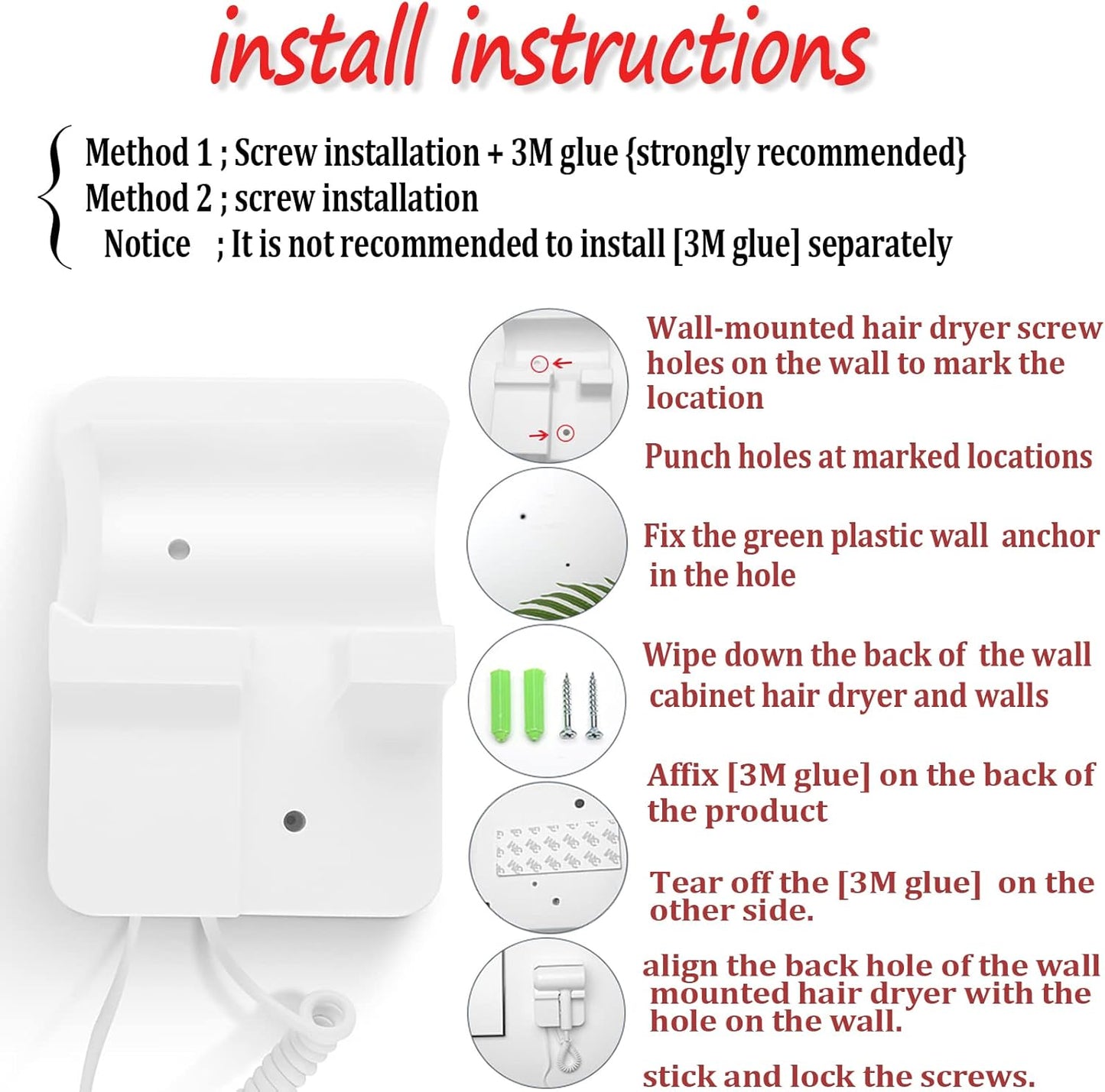 Hotel Wall Mounted Hair Dryer for Bathroom,Restroom Professional Blow Dryer,with Stand Rack,Specialised Motor for Salon,Fast Drying - Gifts【Massage Comb, Screws+ Adhesive】 110V