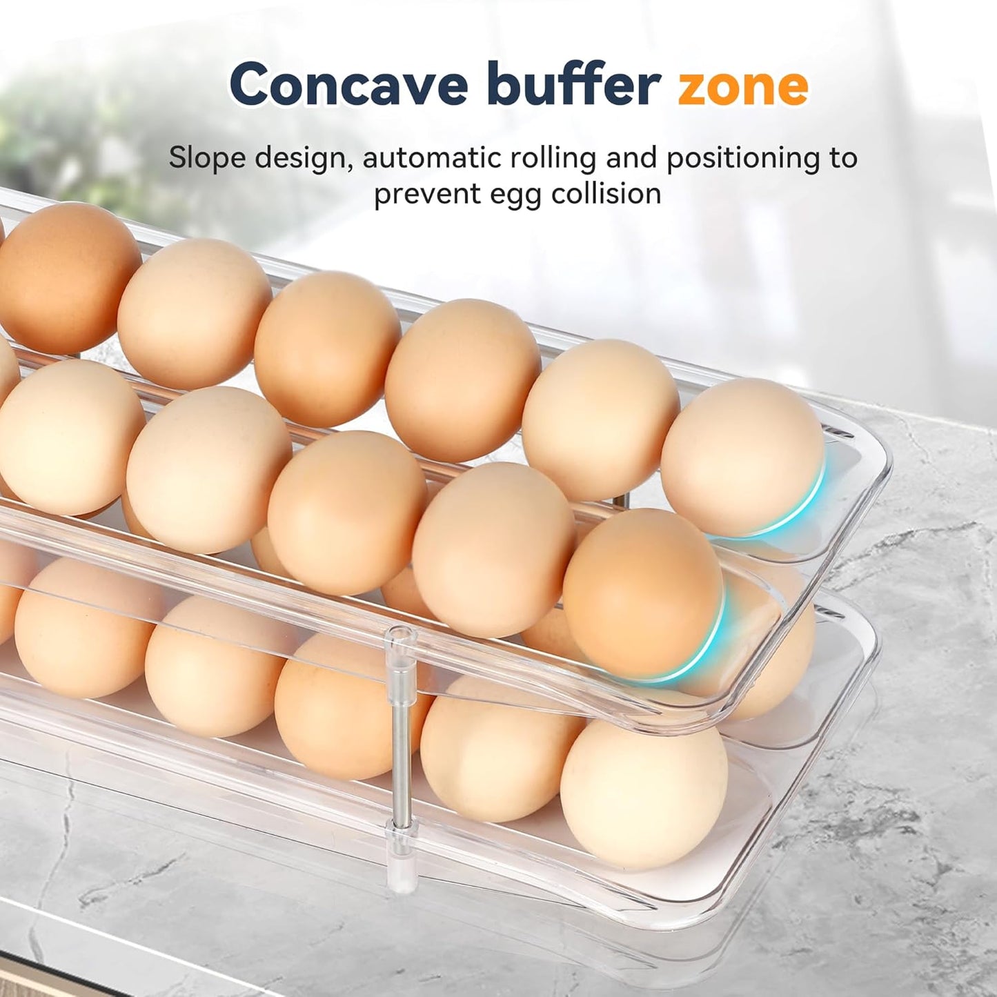 Refrigerator Egg Holder, Self-Rolling Refrigerator Egg Container, Clear Plastic Egg Dispenser, Stackable Egg Organizer with Quick Detachable Inner Tray for Tissue and Storage, 2-Pack