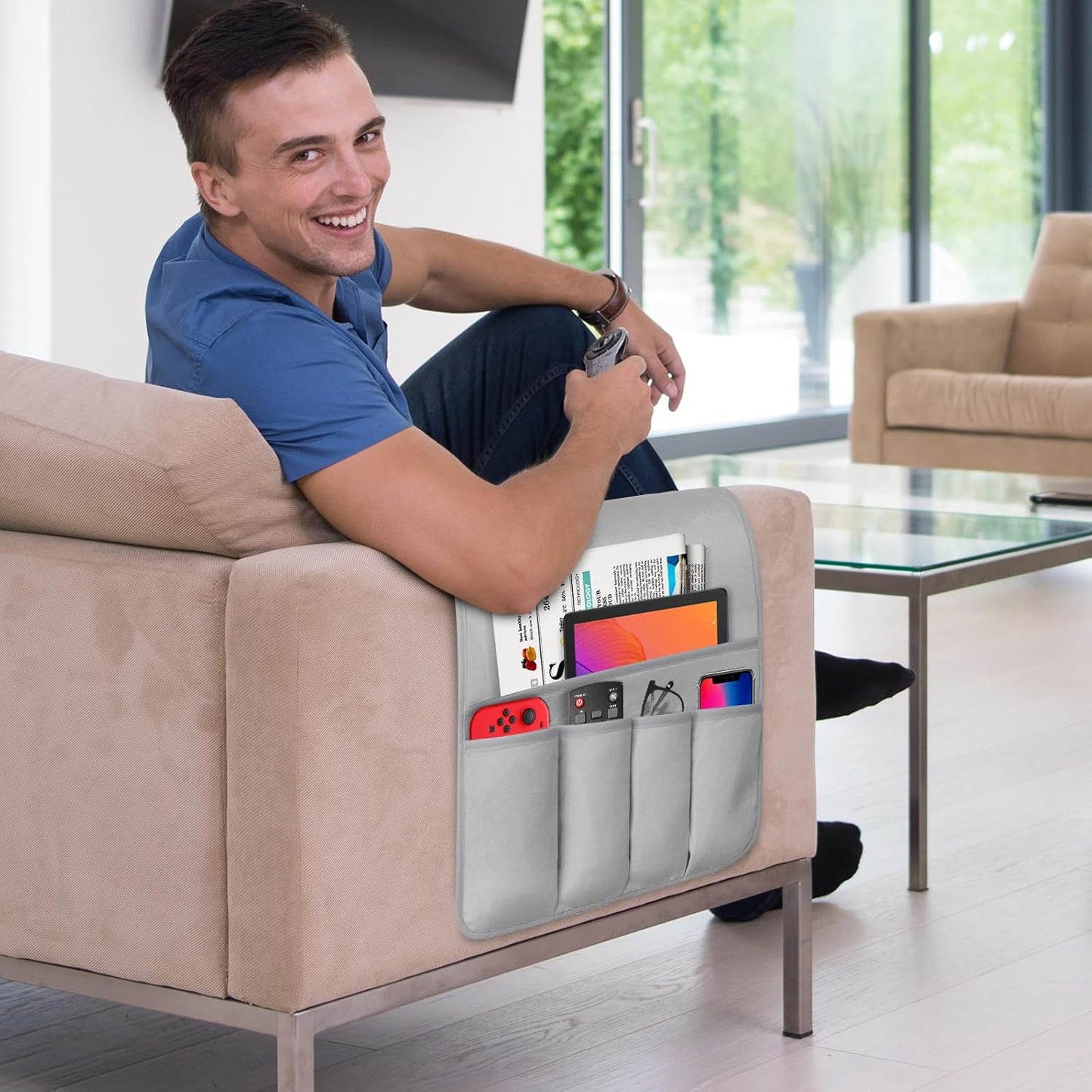 Remote Control Holder for Armchair, Couch Caddy Organizer TV Remote Holder for Bed Storage 5 Pockets, Remote Caddy Bedside Organizer Bedside Table Organizer (LightGray, 35"x12.4")