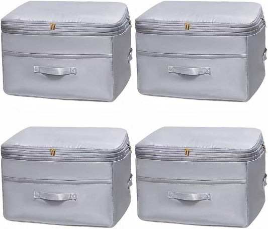Ultra Space Saving Self Compression Organizers, 4 Pack Double Zipper Compression Packing Cubes for Bedding, Comforter Storage Bag for Blankets Duvet Quilts Pillows Queen King (Gray, X-Large)