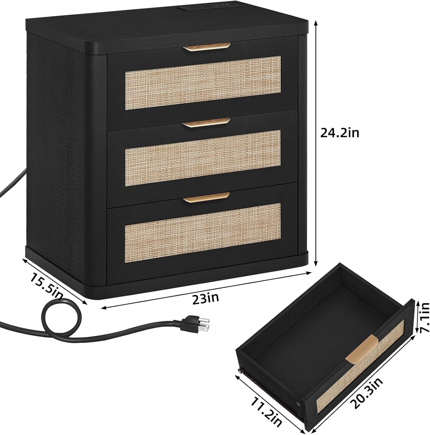 LEYAOYAO Rattan Night Stand with Charger Station, 23" Large 3 Drawer Boho Nightstand, Black Bedside Table Storage Cabinet, Bed Side End Tables for Bedroom, Living Room, Hallway