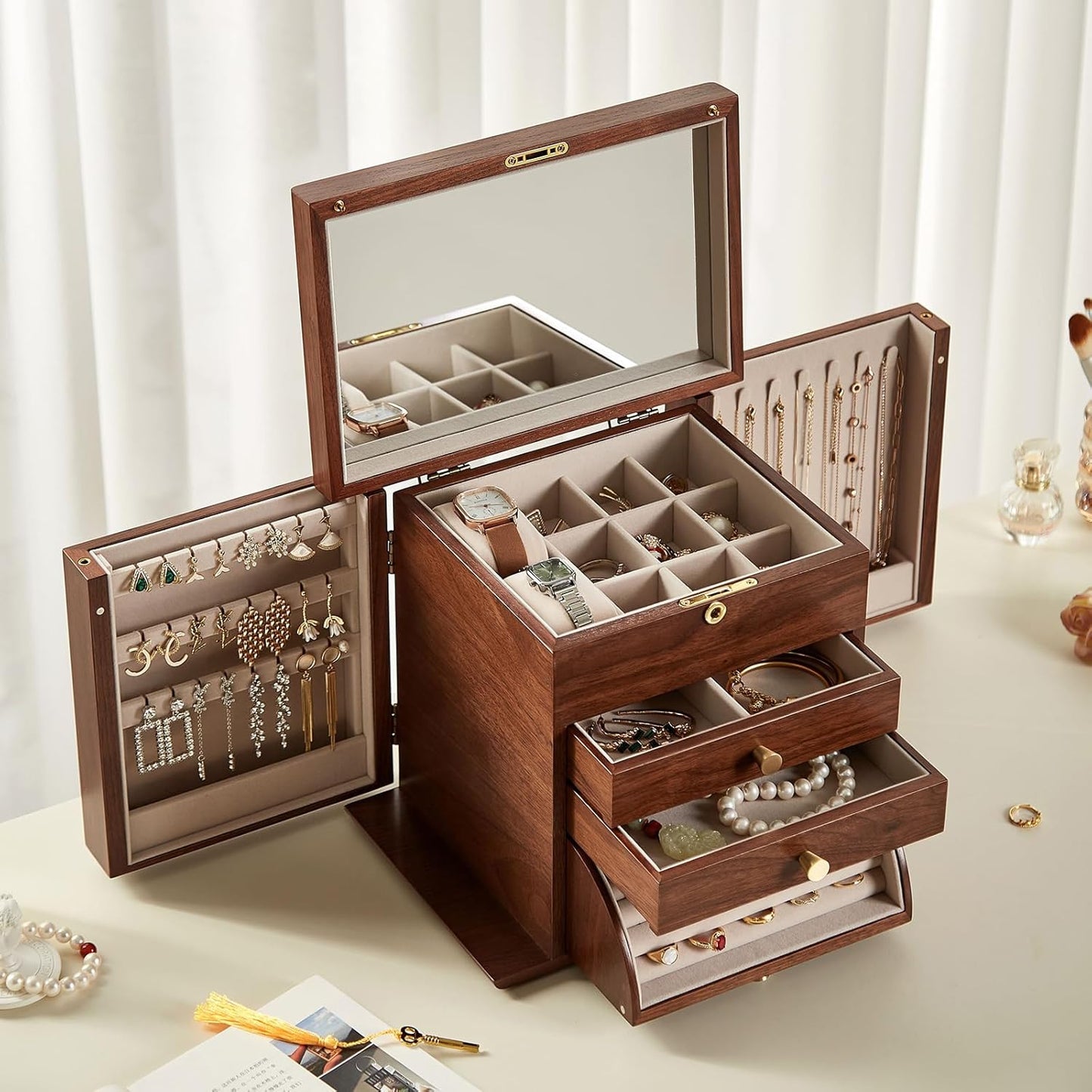 CHOSIN Black Walnut Wooden Jewelry Box, 4-Layer Lockable Organizer with Mirror, Rotatable Ring Holder,Side Doors & Brass Handle, Classical Design for Rings, Necklaces, Earrings, Christmas Gifts