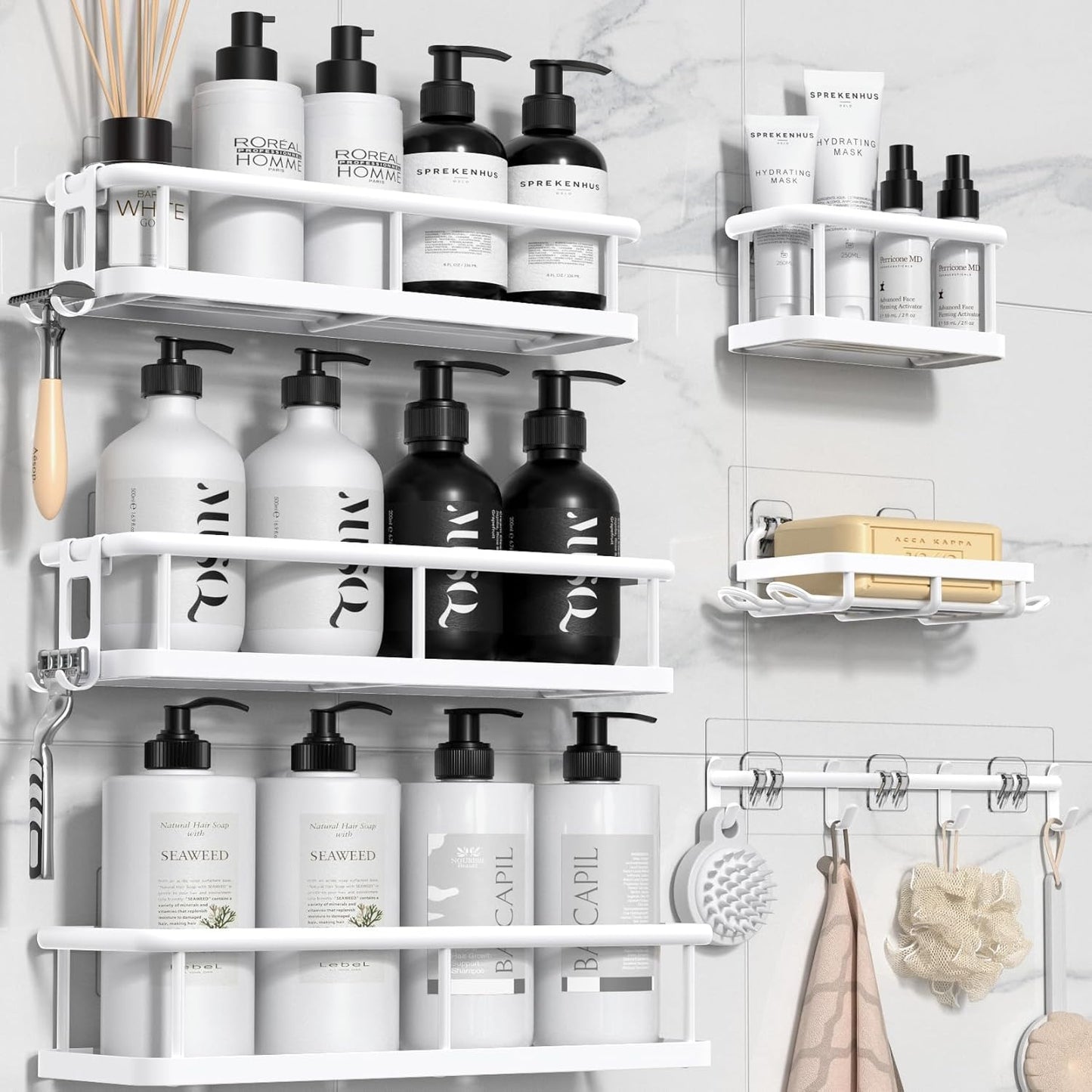 YASONIC Shower Caddy, Large Capacity Bath Organizer with Soap Holder and 12 Hooks, 6 Pack Rustproof Bathroom Shelves for Inside Shower, No Drilling&Sleek Bathroom Organizers and Storage White
