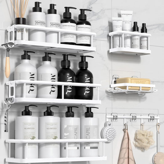 YASONIC Shower Caddy, Large Capacity Bath Organizer with Soap Holder and 12 Hooks, 6 Pack Rustproof Bathroom Shelves for Inside Shower, No Drilling&Sleek Bathroom Organizers and Storage White