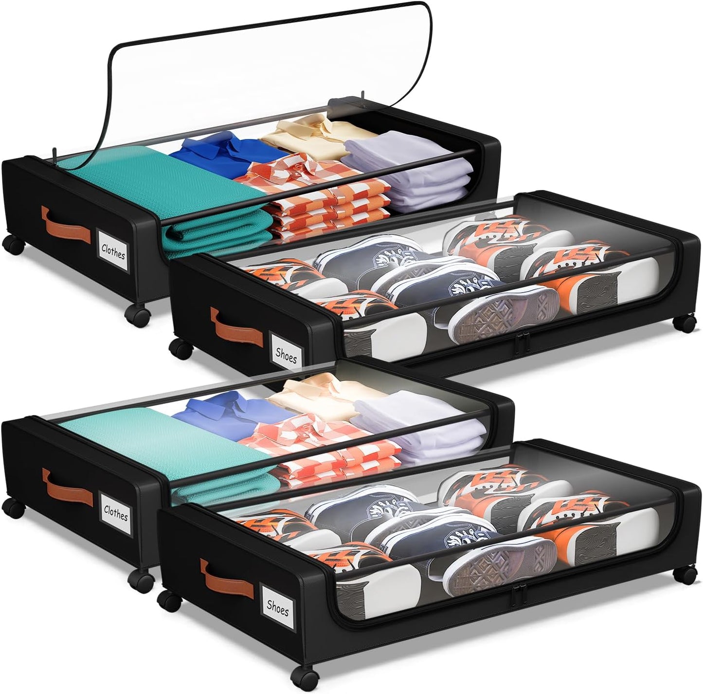 Under Bed Storage with Wheels, UnderBed Storage Containers with Clear Lid and Handles, Under the Bed Storage Bins Drawers for Clothes,Blankets,Shoes,Books (BLACK, 4 PACK)