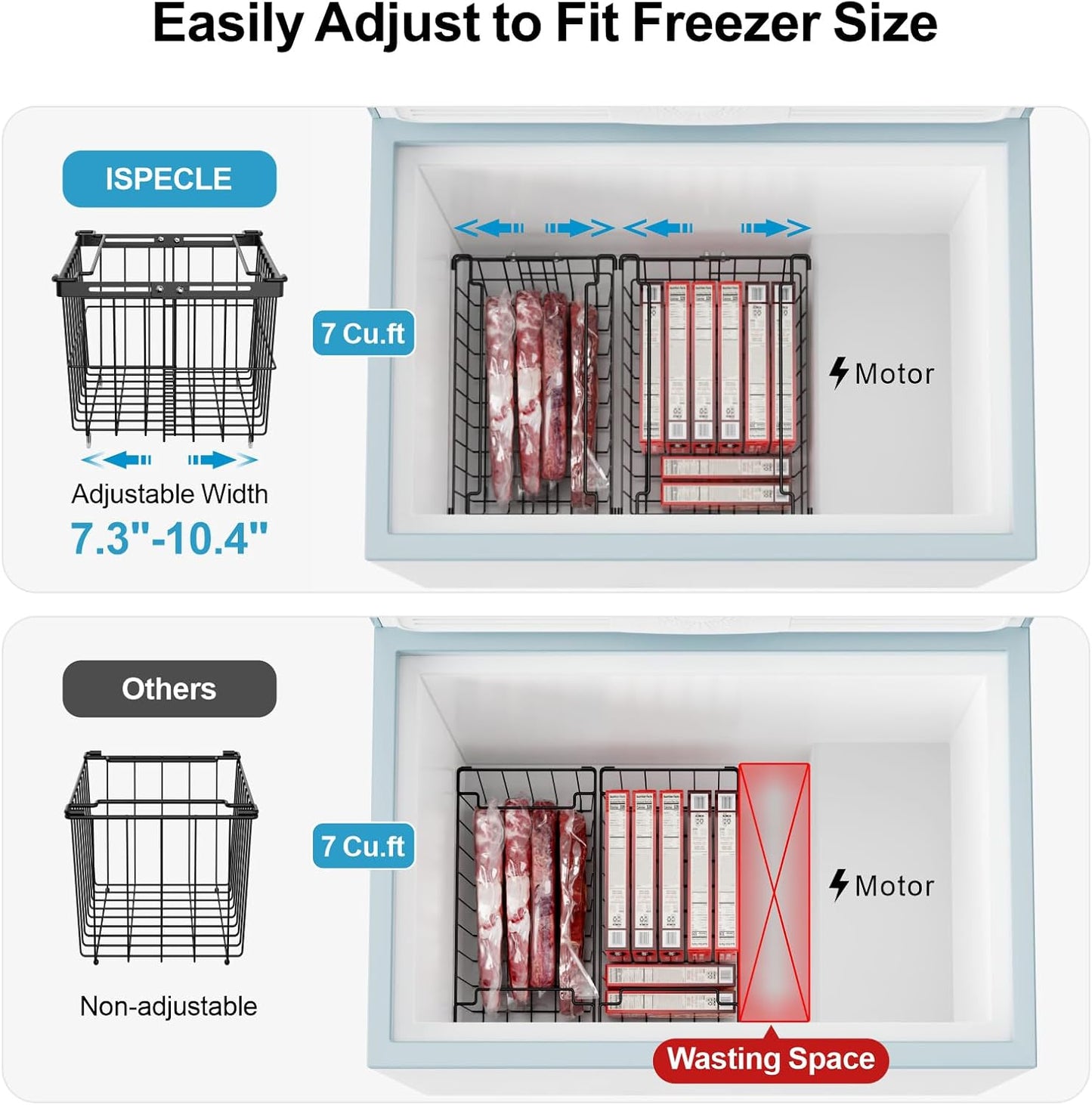 iSPECLE Freezer Organizer Bins - Fit 5 to 9 Cu.Ft, 6 Pack Adjustable & Extra Large Chest Freezer Organizer Bins for Deep Freezer, Easy Organize Basket Store More, Stackable No Wasted Space, Black