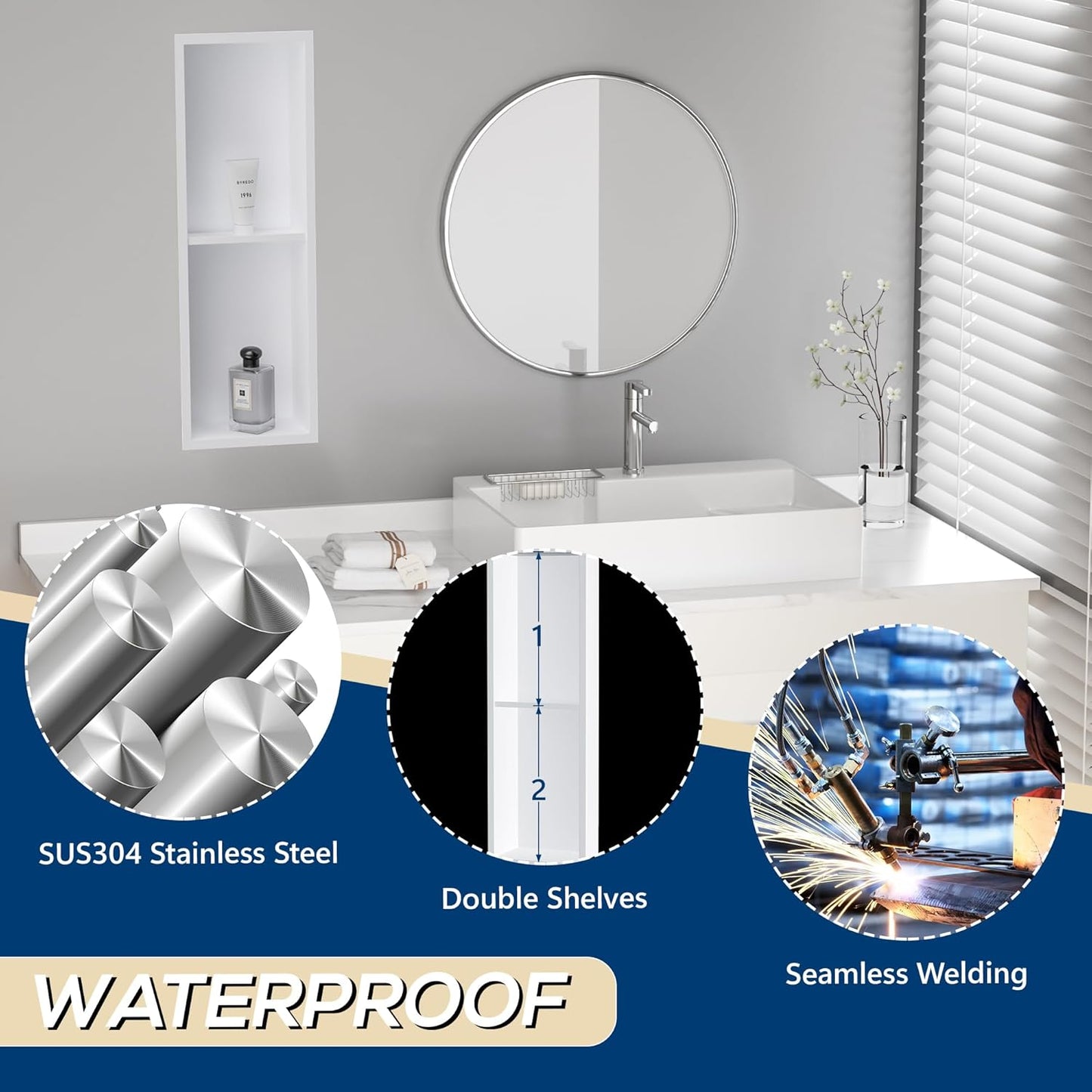 Stainless Steel Shower Niche 24" X 8", No Tile Needed Wall Niche Double Shelves, Recessed Shower Shelf for Bathroom Storage, Matte White