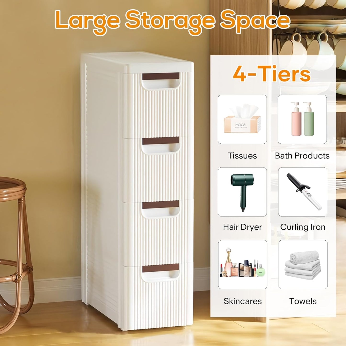 4 Drawers Slim Bathroom Storage Cabinet Dresser, Narrow Plastic Rolling Cart Organizer with Drawers, for Small Spaces, Kitchen, Laundry, Office, Bedroom, White