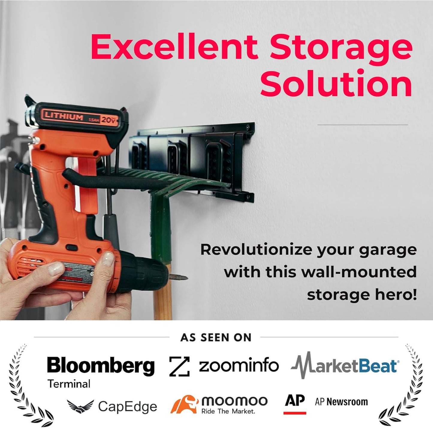 TIDYME Garage Tool Organizer Wall Mount - 64 inches - Sturdy Storage Rack with Adjustable Hooks, Anti-Rust - Easy Installation, 400lbs Capacity - Garden Tool Organizer (04 Racks & 08 Hooks)