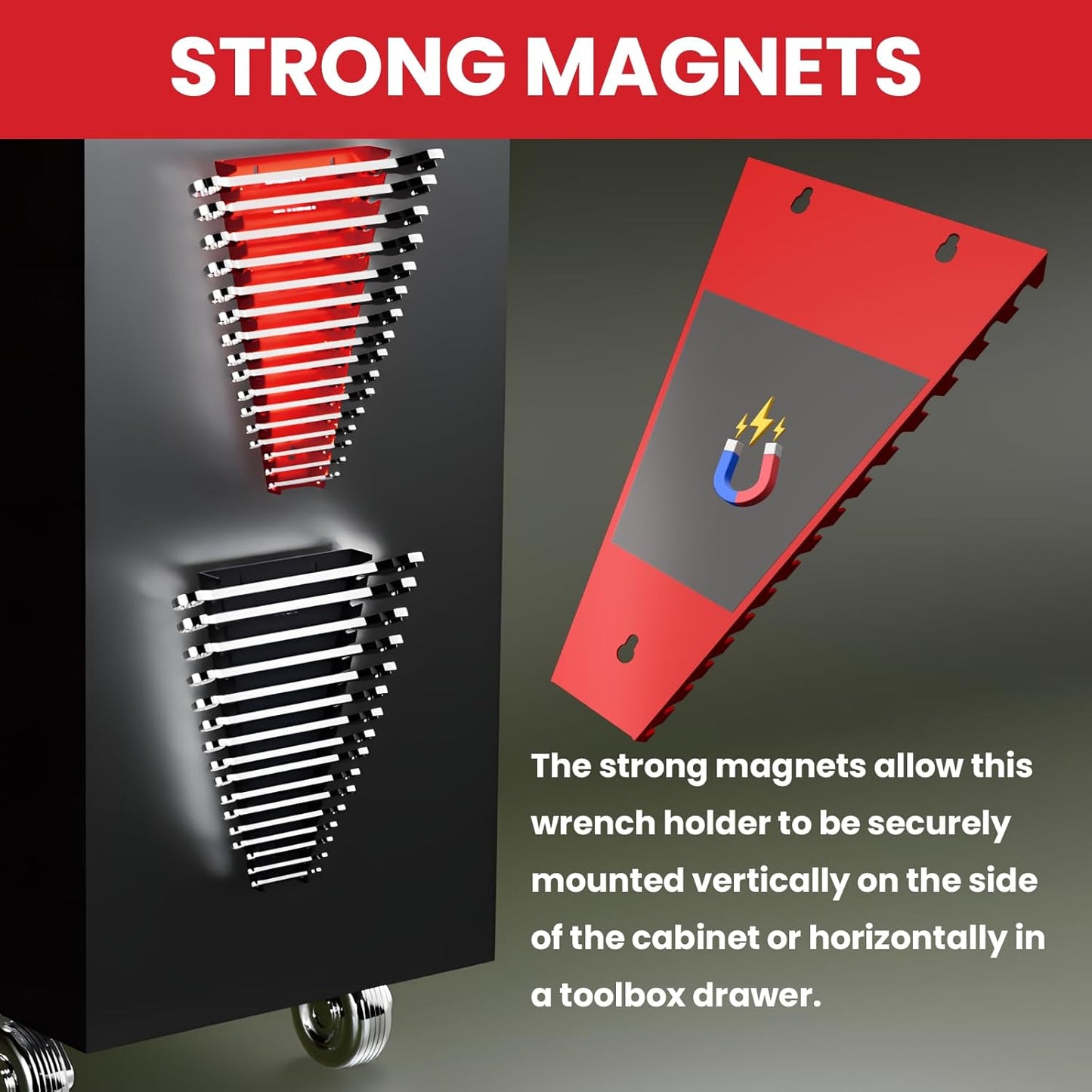 2 Pack Magnetic Wrench Organizer, 32-Slot Magnetic Wrench Organizer Tray for Tool Box & Wall Mounted,Wrench Holder Fit SAE (1/4" - 1-1/16") & Metric (6 mm-24 mm) Wrench Storage