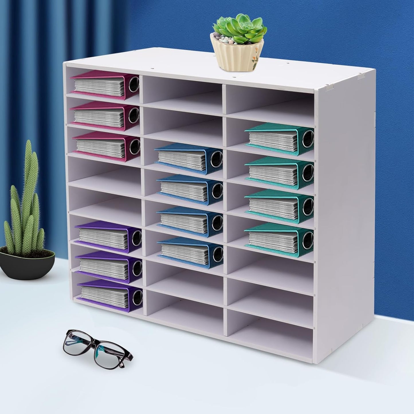 24 Compartments Literature Organizer, Desktop File Sorter Mail Center Paper Storage Cabinet Classroom Mailbox for Files Documents Papers Magazines (White 24Slots)