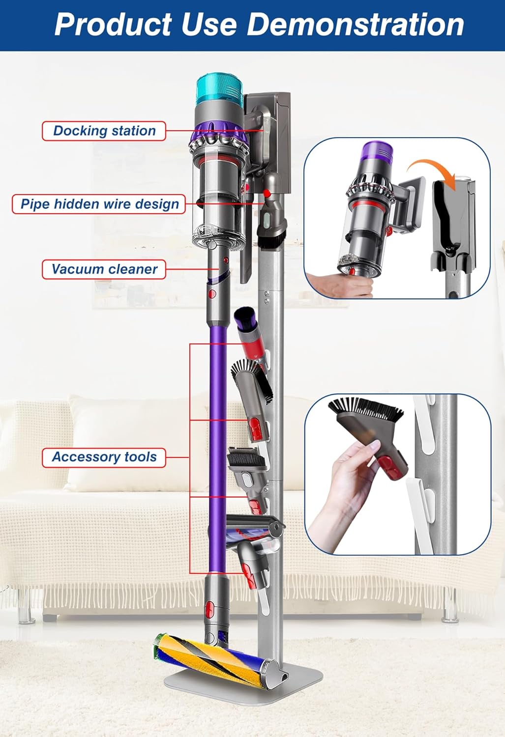 Haturi Vacuum Stand, Dyson Vacuum Holder and Metal Storage Bracket, Standing dock for Dyson G5 V15 V12 V11 V10 V8 V7 V6, Hidden Power Cord Design for Dyson Handheld Cordless Vacuum Cleaners