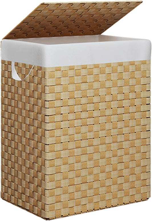 Foldable Laundry Hamper Basket with Lid by Fiona's magic, Handwoven 96L Large Clothes Hamper with Removable Liner Bags, Collapsible Tall Hamper for Bedroom, Bathroom and Dorm Organizer, Natural