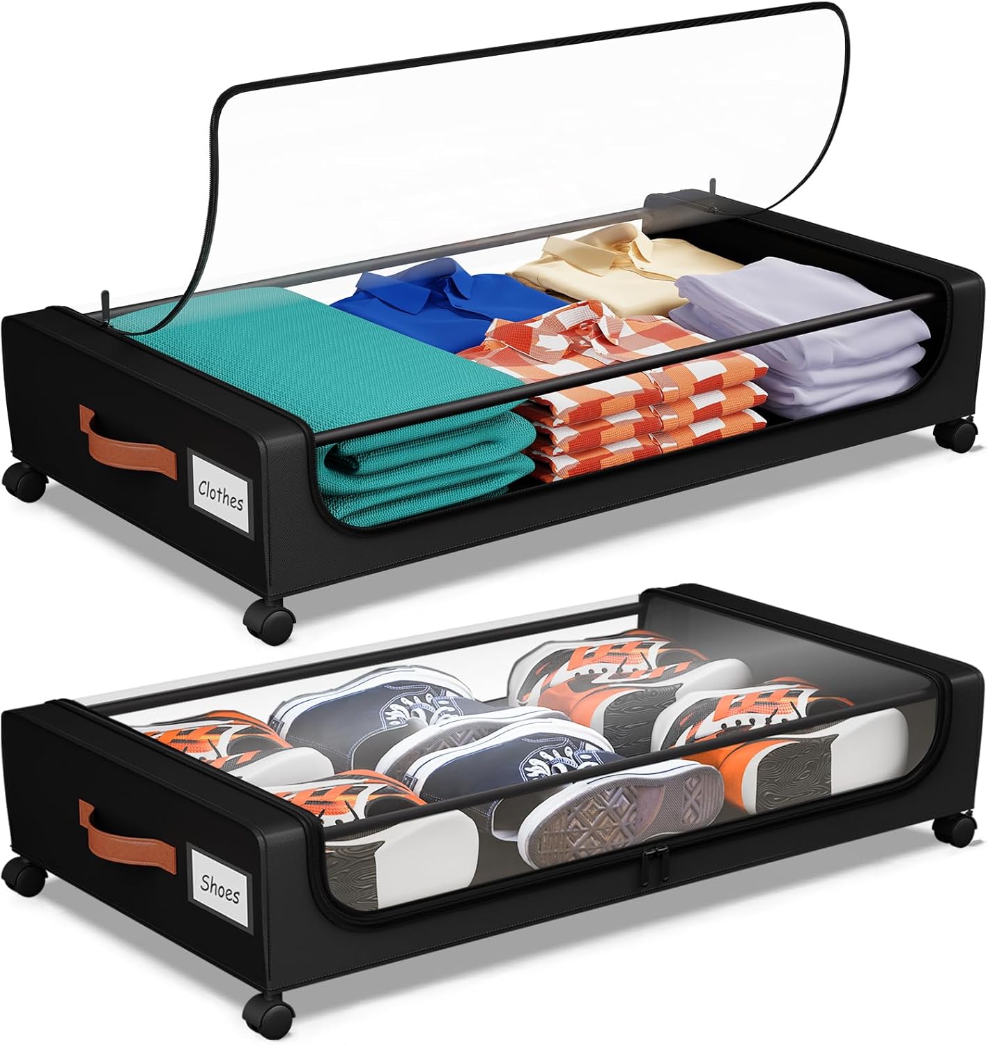 Under Bed Storage with Wheels, UnderBed Storage Containers with Clear Lid and Handles, Under the Bed Storage Bins Drawers for Clothes,Blankets,Shoes,Books (BLACK, 2 PACK)