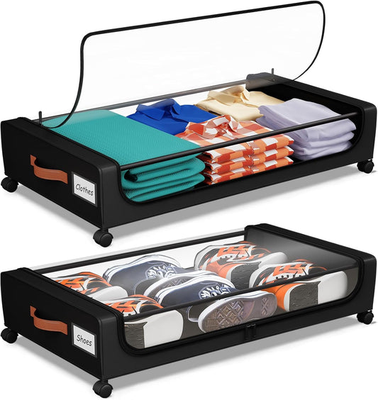 Under Bed Storage with Wheels, UnderBed Storage Containers with Clear Lid and Handles, Under the Bed Storage Bins Drawers for Clothes,Blankets,Shoes,Books (BLACK, 2 PACK)