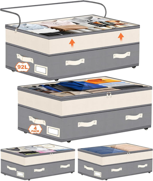Dolicer 4 Pack Under Bed Storage with Wheels, 6in-10in Height Adjustable Underbed Storage Containers, 92L XXXL Under Bed Drawers Rolling Bin with Clear Lids for Dorm Shoes Clothes Organizers(Grey)