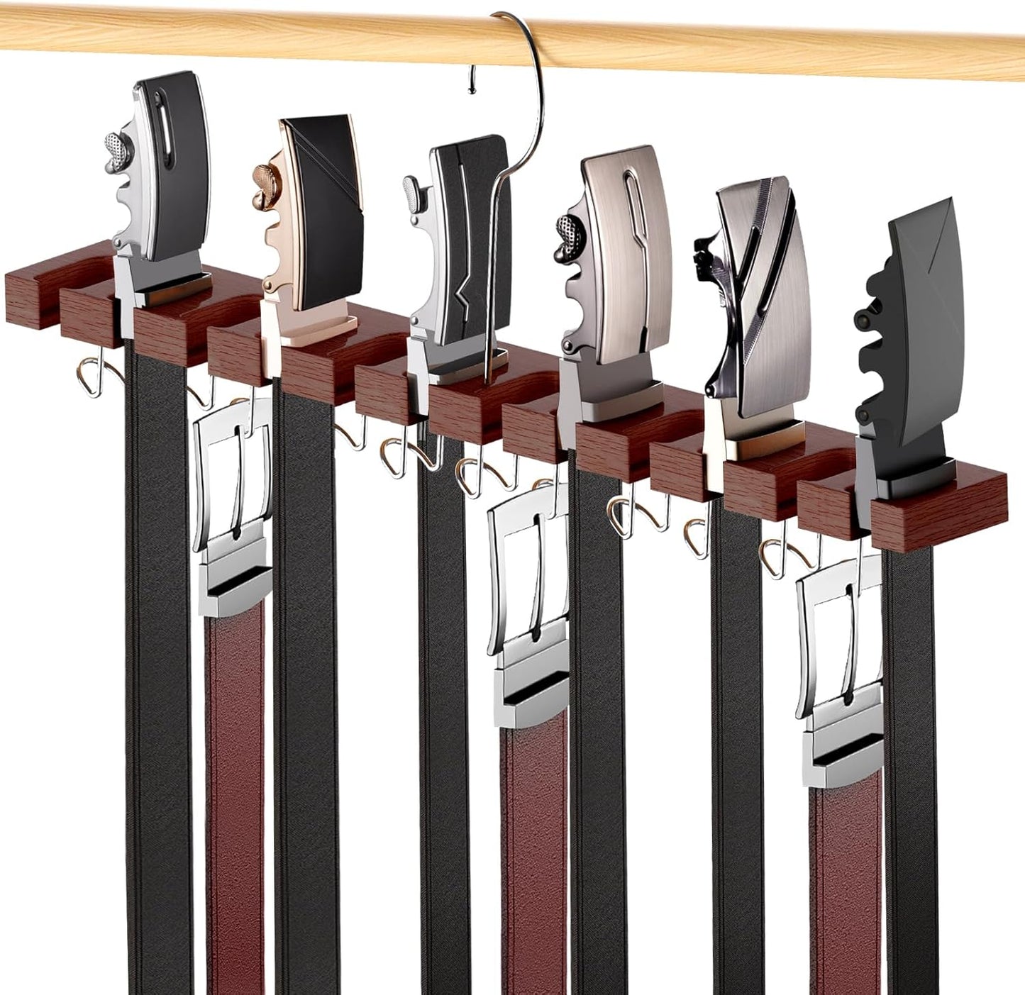 Belt Hanger for Closet Max 42 Belts, 2-in-1 Wall Mount Belt Organizer with 360° Rotating Hooks, Wooden Tie and Belt Rack for Closet Accessories Organizers and Storage, Walnut Wood