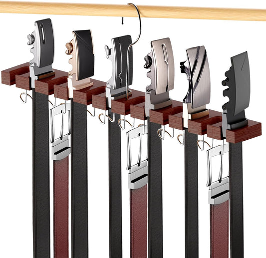 Belt Hanger for Closet Max 42 Belts, 2-in-1 Wall Mount Belt Organizer with 360° Rotating Hooks, Wooden Tie and Belt Rack for Closet Accessories Organizers and Storage, Walnut Wood