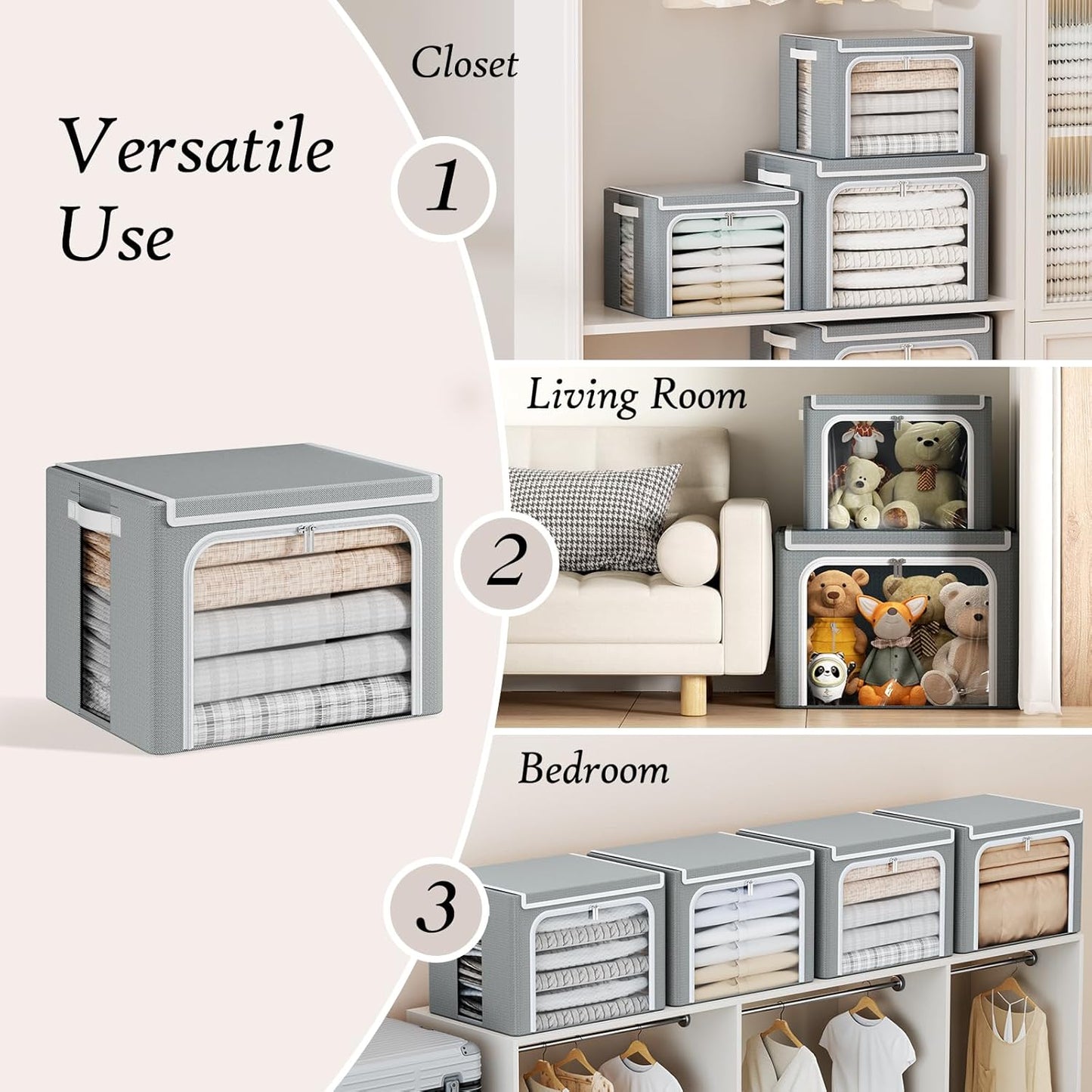 Yecaye Clothes Storage Bins with Metal Frame, Foldable Clothing Storage Bin with Lid, Stackable Oxford Fabric Organizer Box With Clear Window & Zippers & PU Leather Handles (4 Pack,Grey,40L)