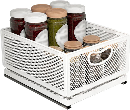 Sliding Cabinet Basket Organizer Drawer Self Adhesive Slide out Pantry Shelves Heavy Duty Carbon Steel Slide Cabinet Storage Basket with Handle for Bathroom Kitchen Home