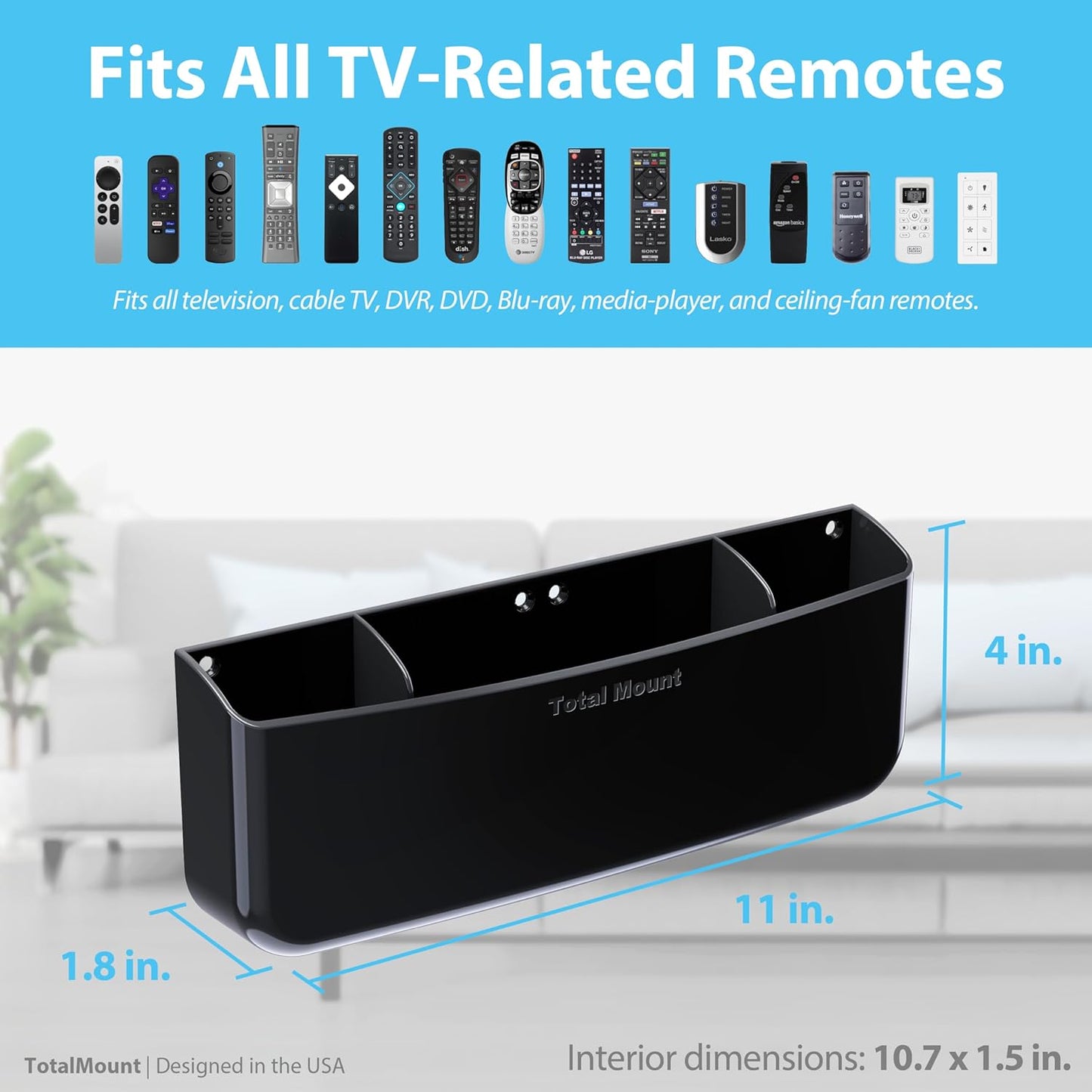 TotalMount Hole-Free Remote Holder – Eliminates the Need to Drill Holes in Your Wall (Premium Black Remote Control Holder for 5 or 6 Remotes)