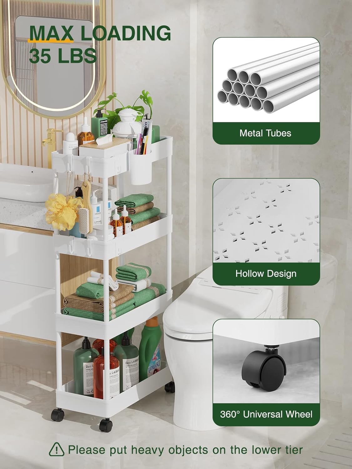LEHOM Slim Rolling Storage Cart - 4 Tiers Bathroom Organizer Utility Cart Slide Out Storage Shelves Mobile Shelving Unit for Kitchen, Bedroom, Office, Laundry Room, Small Narrow Spaces (Pear White)