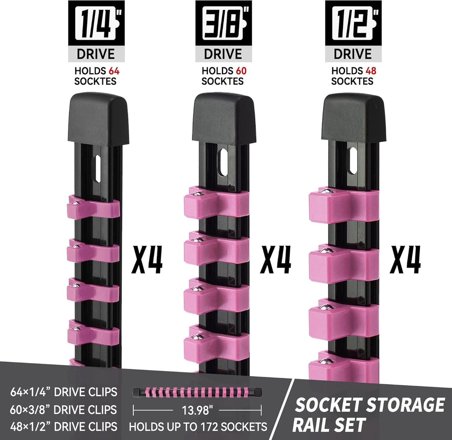 Socket Organizer Drive ABS Tools - Pink Socket Holder, Premium Quality 12 Pieces Socket Holders Kit 1/4-Inch x 64 Clips, 3/8-Inch x 60 Clips, 1/2-Inch x 48 Clips（12PC,Pink)