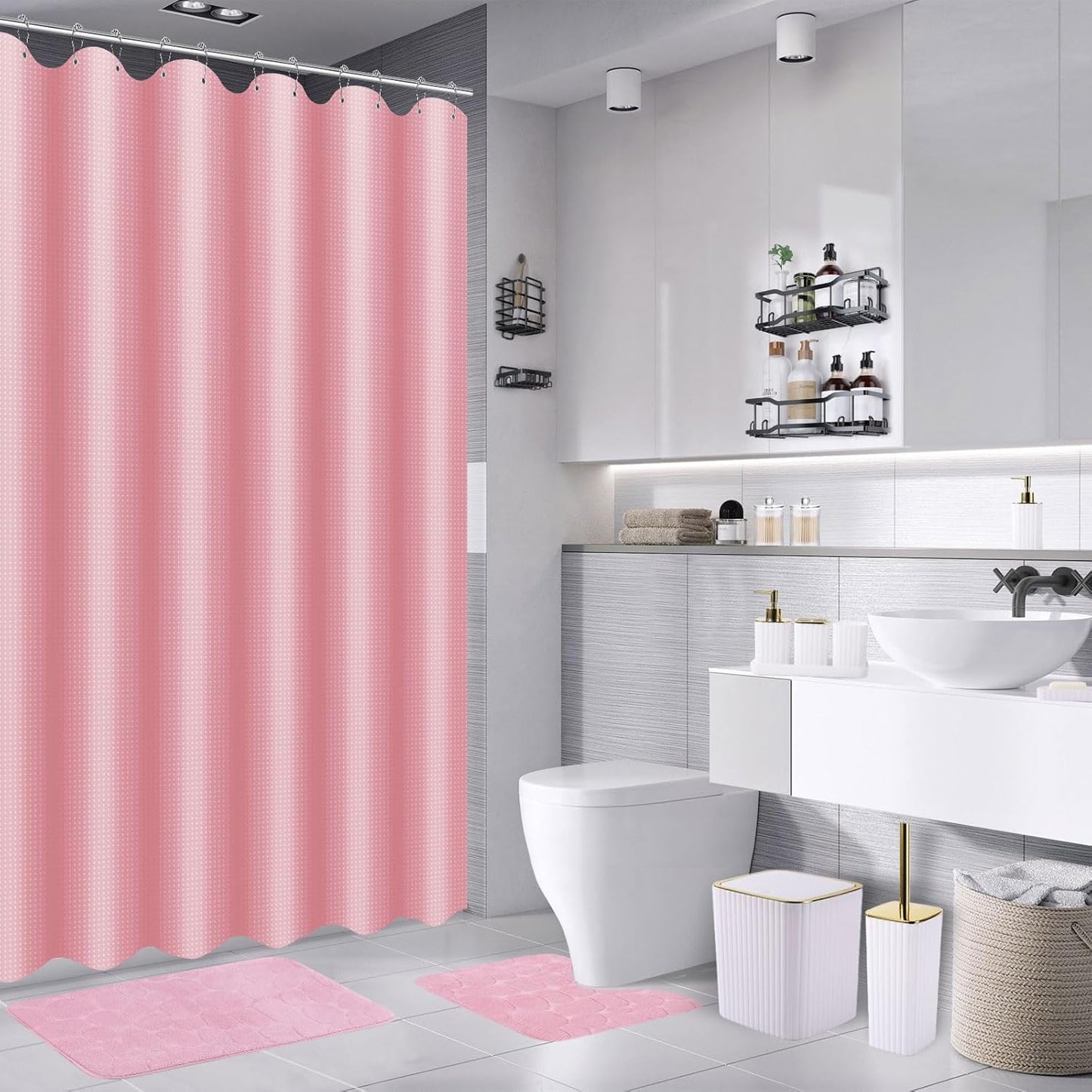 Bathroom Accessories Set - 30PC Gorgeous White Bathroom Set, Bathroom Accessory Set, Pink Shower Curtain Set with Shower Caddies, Soap Dish & Trash Can