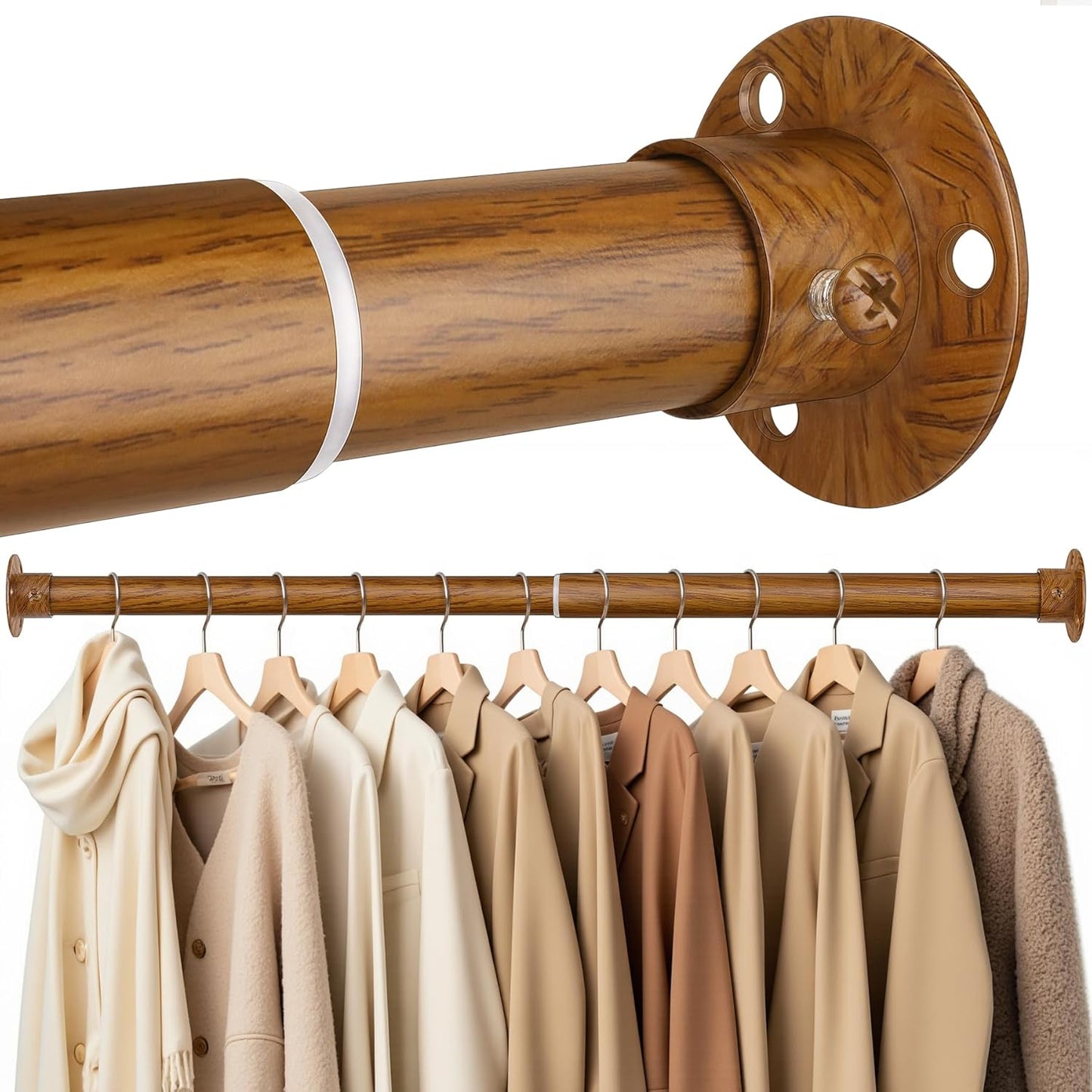Closet Rods for Hanging Clothes, 17-64 Inch Heavy Duty and Stepless Adjustable Closet Poles, Stainless Steel Closet Hanging Rod for Wardrobes, Laundry Room, Bathroom, RV (Wood-Grain Finish)
